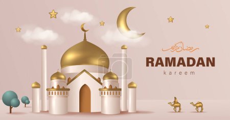 3D Realistic Golden Mosque Design for Ramadan Kareem Template Vector Illustration