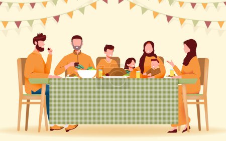 Ilustración de Iftar feliz familia musulmana Vector Ilustración, familia musulmana teniendo Iftar fiesta juntos diseño - Imagen libre de derechos