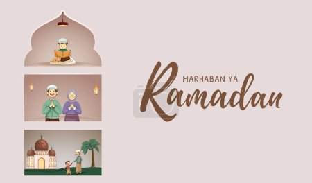 Translation Welcome to Ramadan Month. Ramadan Kareem  Poster Design with Various Muslim Activities. Head to Mosque for Taraweh, Reading Koran and Greetings Ramadan. 