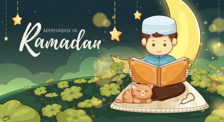 Ramadan Kareem Design mit Cute Boy beim Lesen des Heiligen Korans mit Cute Cat neben ihm Vektor Illustration
