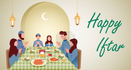 Iftar feliz familia musulmana Vector Ilustración, familia musulmana teniendo Iftar fiesta juntos diseño