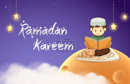 Ramadan Kareem Design with Cute Boy Reading Holy Koran with Cute Cat Beside Him Vector Illustration