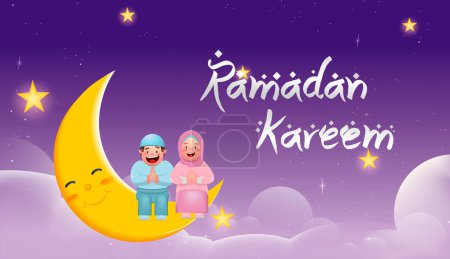 Garçon et fille assis sur la lune Design pour Ramadan Kareem Affiche Illustration vectorielle. Caractère Enfants Musulmans 3D