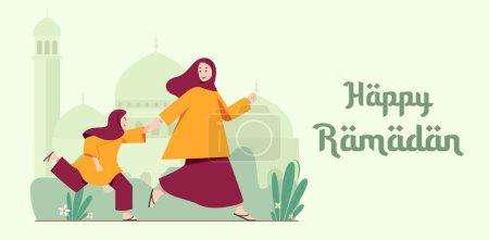 Illustration for Happy ramadan, mother and daughter go to the mosque to pray illustration - Royalty Free Image