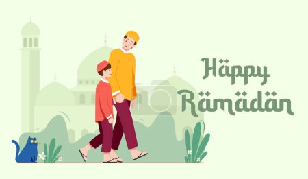 Illustration for Happy ramadan, dad and his son go to mosque for praying illustration - Royalty Free Image