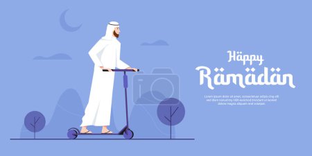 Illustration for Happy ramadan banner, Arab man goes to the mosque on a scooter to perform prayers - Royalty Free Image