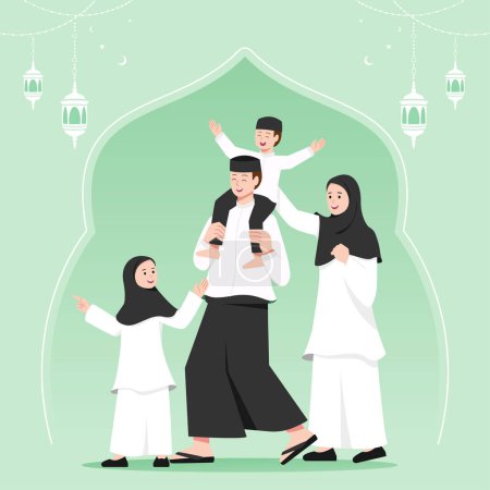 Happy ramadan Poster Template , family go to mosque for praying illustration