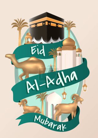 Eid al Adha Poster Design mit Goldener Ziegenfigur, Kaaba und Moschee. Festival des Opfers Vorlage Banner Vektor Illustration