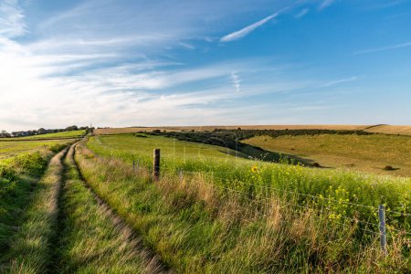 Téléchargez les photos : Un sentier longeant des terres agricoles dans les South Downs, par une fin d'après-midi ensoleillée en septembre - en image libre de droit