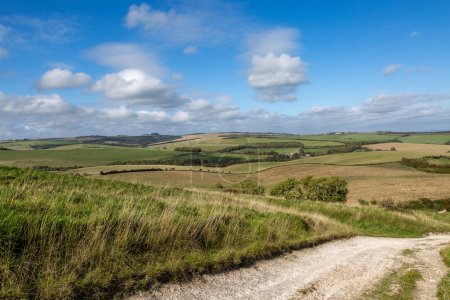 Photo for A pathway leading down from Kingston Ridge in the South Downs, on a sunny September day - Royalty Free Image