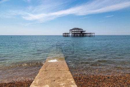 A view out over the sea towards the West Pier, at Brighton on the Sussex coast