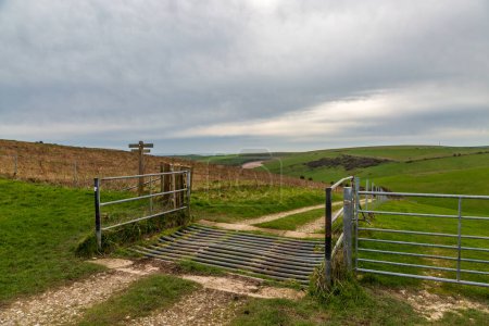 Une vue dans la campagne du Sussex avec une grille de bétail au sommet d'un sentier à travers les terres agricoles