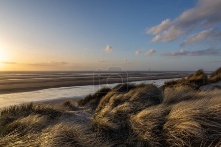 Vue sur les dunes de sable couvertes d'herbe de marram à Formby, au coucher du soleil