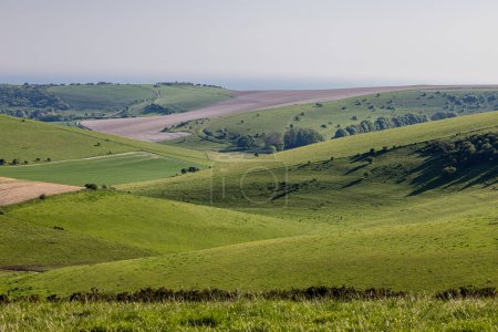 Une journée de printemps ensoleillée dans le Sussex rural, surplombant les champs vers la mer au loin
