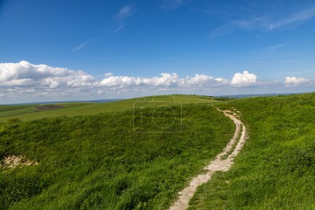 Looking along a pathway on Mount Caburn in rural Sussex, on a sunny spring day