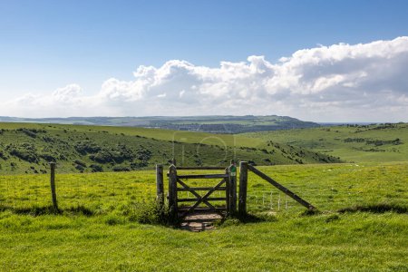 A gate on Mount Caburn near Lewes, on a sunny spring day