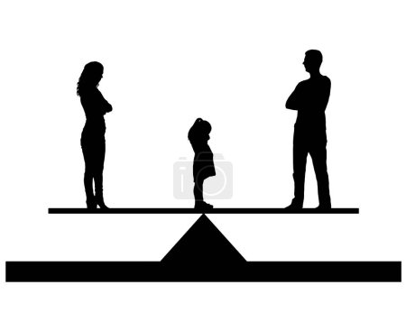 Téléchargez les illustrations : Divorce in the family. Silhouette, Vector A little sad girl crying standing between mom and dad, choosing who to stay with. Concept of divorce and division of children - en licence libre de droit