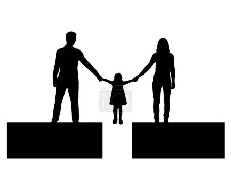 Téléchargez les illustrations : Divorce in the family. Silhouette Vector mom and dad hold the hands of his child who is over the precipice. Concept of divorce and division of children - en licence libre de droit