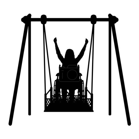 Ilustración de Silhouette of a happy woman is a disabled person in a wheelchair on an adaptive swing. Concept of the lifestyle of people with disabilities. Vector Silhouette - Imagen libre de derechos