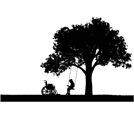 Girl schoolgirl invalid sitting on a swing, reading a book, beside a wheelchair and her dog. Concept of children with disabilities. Vector Silhouette