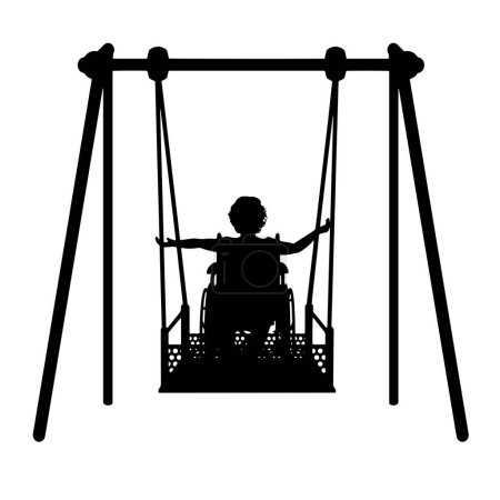 Ilustración de Happy child is disabled in a wheelchair on an adaptive swing for disabled children. Lifestyle of children with disabilities. Vector Silhouette - Imagen libre de derechos