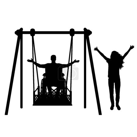 Ilustración de Silhouette of happy couple, man in wheelchair for disabled person on adaptive swing and healthy woman nearby. Concept of the lifestyle of people with disabilities. Vector Silhouette - Imagen libre de derechos