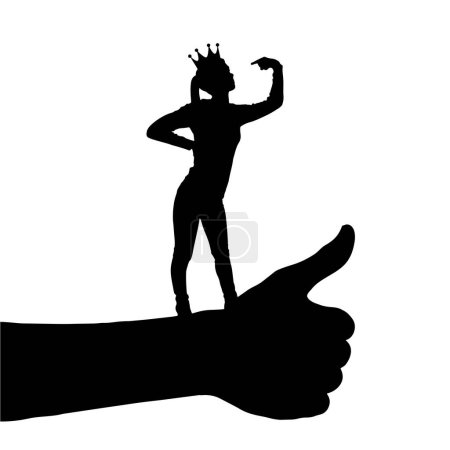 Ilustración de Selfish woman with a crown on her head standing on a hand gesture like and pointing a finger at herself. Concept of egoism and arrogance. Vector silhouette - Imagen libre de derechos