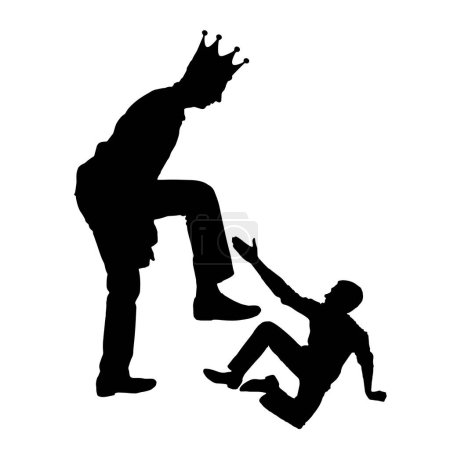 Illustration for Selfishness. Big man with the crown on his head intends to destroy the little man. Concept of behavior as a selfish tyrant and dictator in business, politics and life. Vector Silhouette - Royalty Free Image