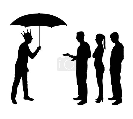 Ilustración de Selfishness and arrogance. Selfish man with a crown holding an umbrella laughing at people in the rain. The concept of complete egoism and arrogance. Vector Silhouette - Imagen libre de derechos