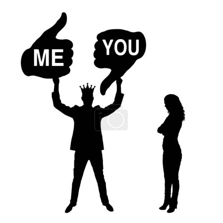 Illustration for Selfish and arrogant man with a crown holding a like sign addressed to him and a dislike addressed to a woman. Concept of egoism and inequality in both business and life. Vector Silhouette - Royalty Free Image