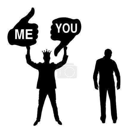 Ilustración de Selfishness. A selfish and arrogant man with a crown holding a like sign addressed to him and a dislike addressed to another man. Concept of egoism, arrogance and narcissism. Vector Silhouette - Imagen libre de derechos