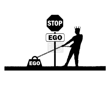 Illustration for The silhouette of a selfish man with a crown on his head draws a heavy load - the ego and the stop sign of the ego. Conceptual scene of selfishness. Vector Silhouette - Royalty Free Image