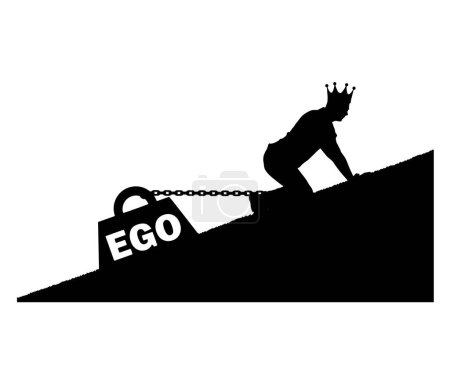Téléchargez les illustrations : The silhouette of an egotistic man with a crown on his head creeps up. To his feet is bound the load - the ego. Conceptual scene of selfishness. Vector Silhouette - en licence libre de droit