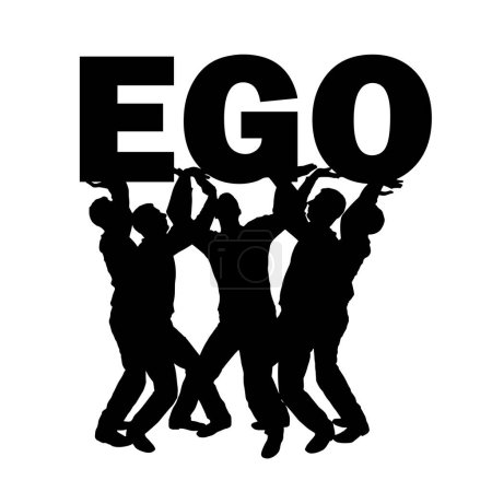 Illustration for The silhouette of a selfish crowd holds the word ego. Conceptual scene of selfishness. Vector Silhouette - Royalty Free Image