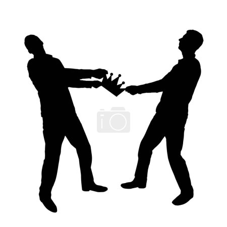 Two greedy and selfish men take away the crown from each other. Vector Silhouette. Selfishness is a social problem