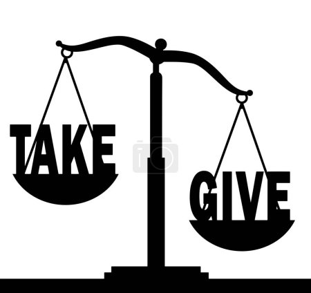 Illustration for Word give in priority than the word to take on the scales. Concept of altruism and donation. Vector Silhouette - Royalty Free Image