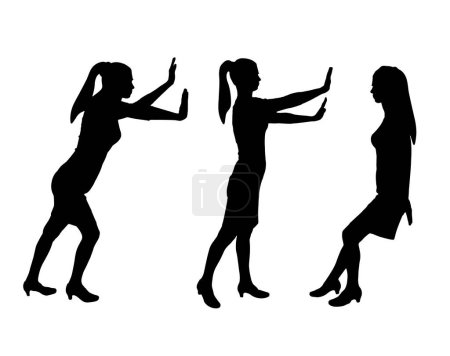 Ilustración de A businesswoman or woman worker pushes an object and exerts physical effort. Effort business concept. Set of vector silhouettes - Imagen libre de derechos