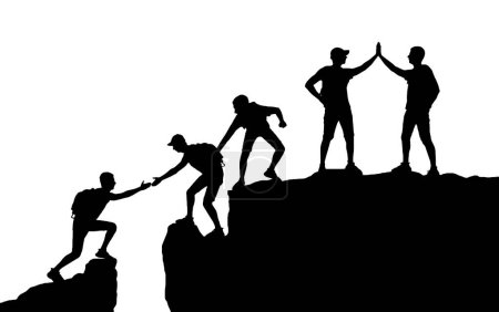 Illustration for Silhouette of five climbers who climbed to the top of the mountain, working as a team. Conceptual business scene of teamwork and success. Vector Silhouette - Royalty Free Image