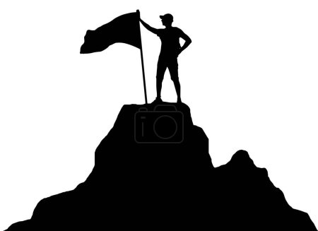 Silueta de un escalador con bandera en la cima de una montaña. Negocios Escena conceptual de éxito. Silueta vectorial