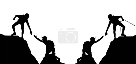 Ilustración de Silhouette of a male climber extending a helping hand to his partner to overcome an obstacle. Teamwork and Business Concept. Vector Silhouette - Imagen libre de derechos