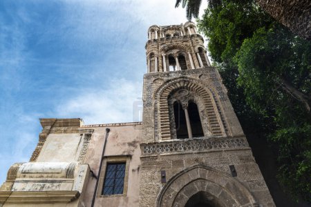 Romanesque bell tower of the Church of St. Mary of the Admiral or Santa Maria dell Ammiraglio, also called Martorana in the old town of Palermo, Sicily, Italy