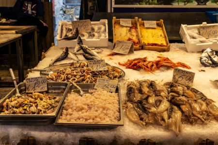 Fish and seafood shop in Ballaro Market, street food market in Palermo, Sicily, Italy