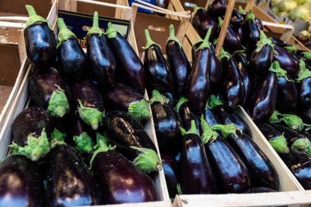 Palerme, Italie - 13 mai 2023 : Aubergines dans un magasin de fruits et légumes à Ballaro Market, marché de street food à Palerme, Sicile, Italie