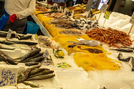 Foto de Tienda de pescados y mariscos en Ballaro Market, mercado de comida callejera en Palermo, Sicilia, Italia - Imagen libre de derechos