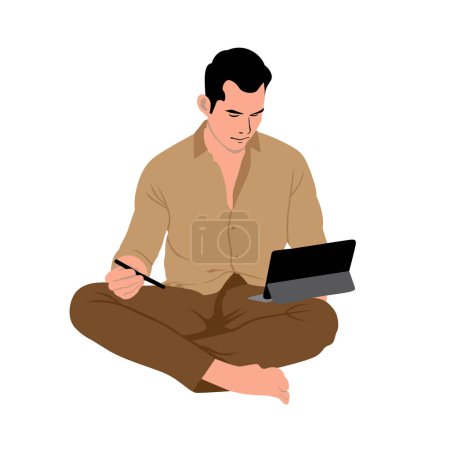 Man sitting on the floor and working with laptop. Vector illustration.