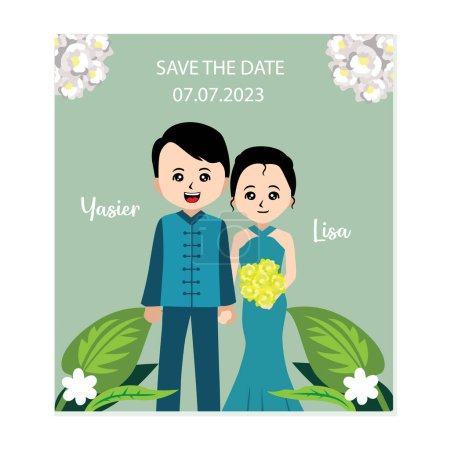 Téléchargez les illustrations : Carte d'invitation de mariage avec mariée et marié. Illustration vectorielle. - en licence libre de droit