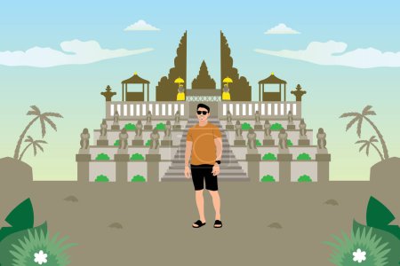Illustration for Traveler man in front of the temple. Vector illustration in flat style - Royalty Free Image