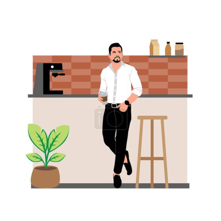 Ilustración de Hombre guapo sentado en el mostrador de bar y beber café vector Ilustración - Imagen libre de derechos