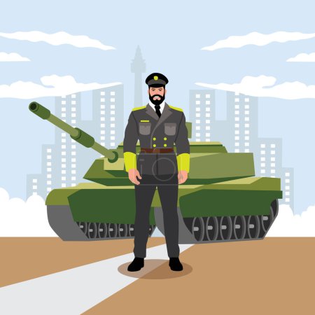 Illustration for Military man with tank. Vector illustration in flat cartoon style on urban background. - Royalty Free Image
