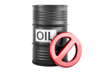 Barril de petróleo con símbolo prohibido, representación 3D aislada sobre fondo blanco 